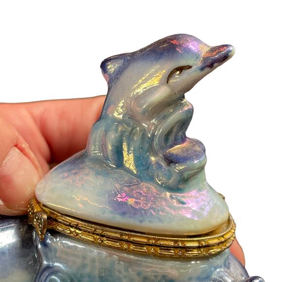Vintage Dolphin Trinket Box Iridescent Glazed Hinged Beach Florida Nautical Sea - Picture 5 of 16